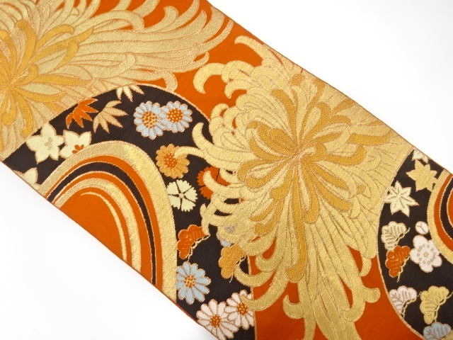 JAPANESE KIMONO / ANTIQUE FUKURO OBI / SILK / WOVEN KIKU & SHOCHIKUBAI